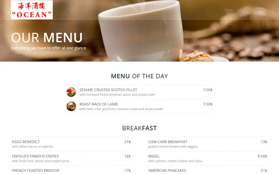 De voorbeeldpagina /menu/ met Engelse gerechten en dollarprijzen
